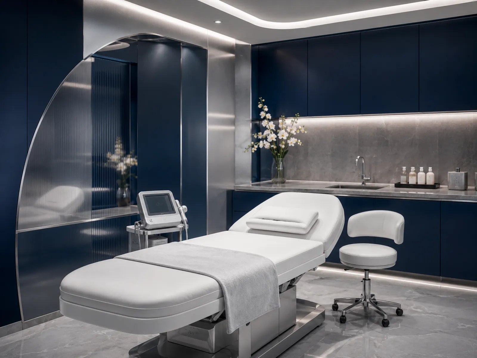 Reference visual of a clinic space in the brand palette