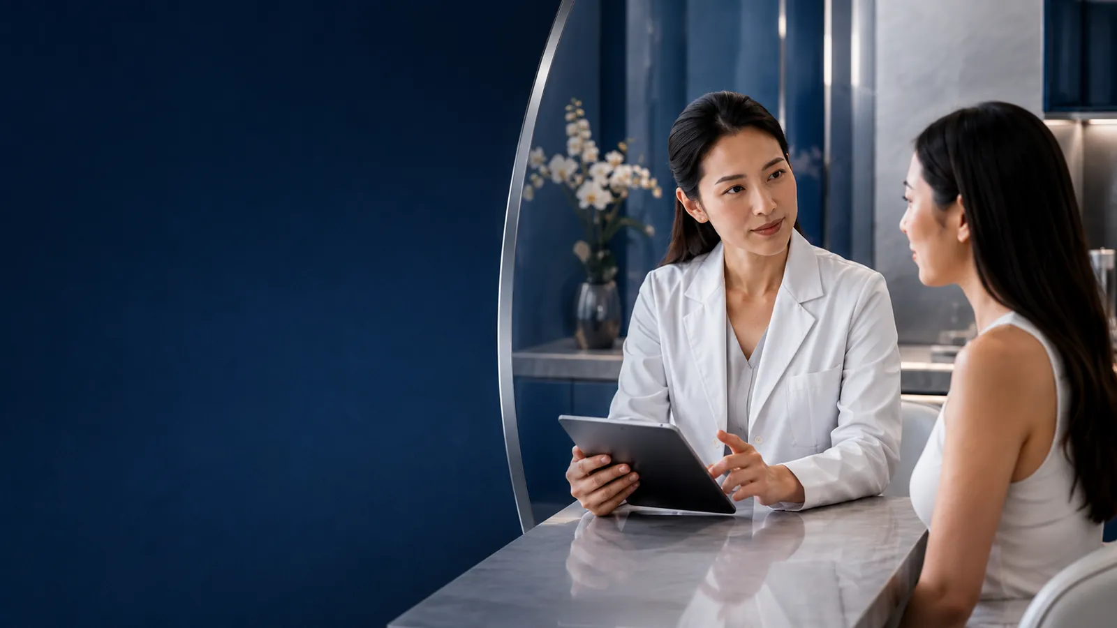 Editorial image: a consultation in a calm, cool-toned clinical setting